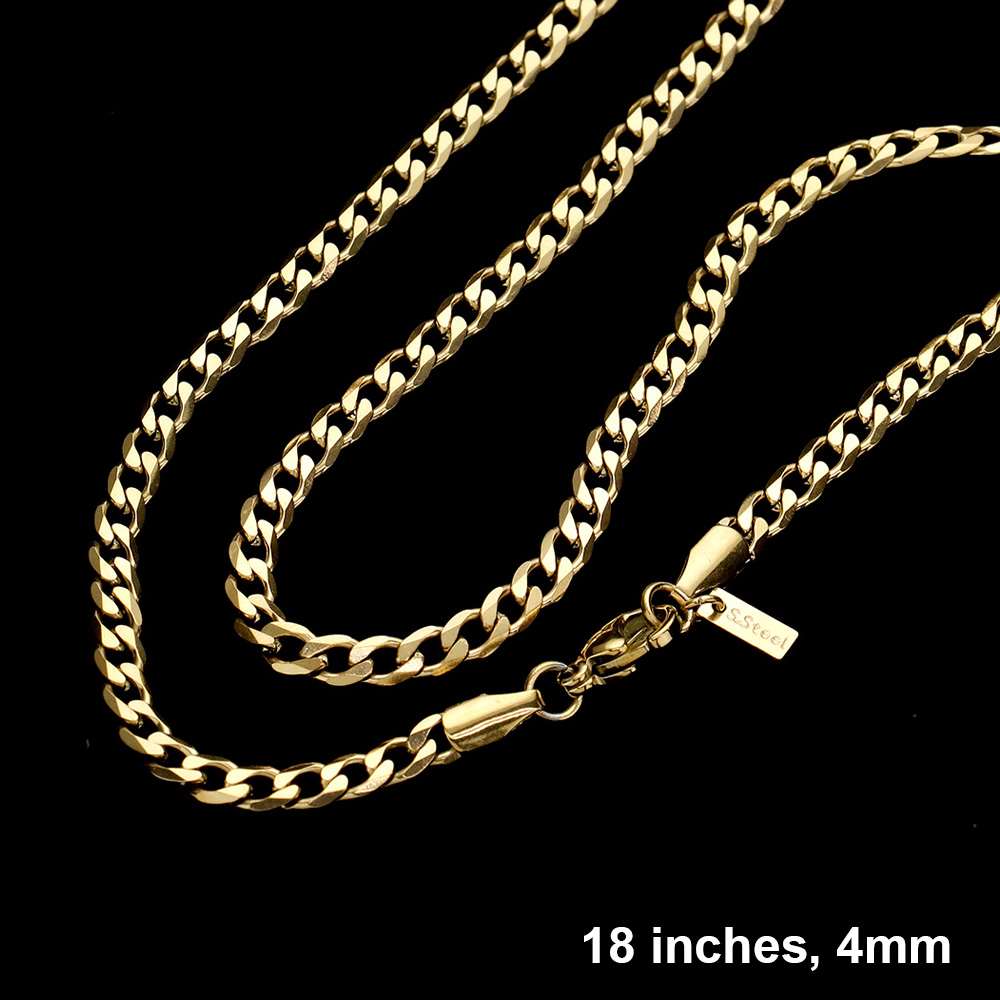 Gold 18-inch, 4mm stainless steel diamond-cut Cuban chain necklace is a versatile and durable accessory. Its unique diamond-cut design adds dimension and shine to any outfit, making it a stylish addition to any jewelry collection. Made from stainless steel, this necklace is also rust and tarnish resistant, ensuring long-lasting wear.