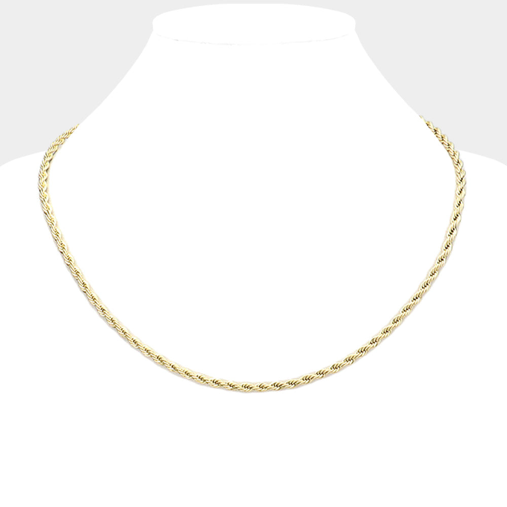 Gold 18 INCH, 4mm stainless steel rope chain necklace is a durable and sleek accessory for any outfit. Made with high-quality stainless steel, this necklace is resistant to tarnishing and damage, making it a long-lasting piece for everyday wear. The 4mm width adds just the right amount of shine and statement to any look.