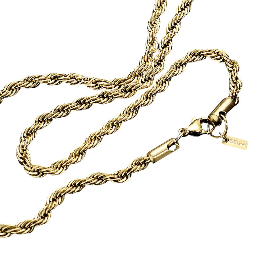 Gold 18 INCH, 4mm stainless steel rope chain necklace is a durable and sleek accessory for any outfit. Made with high-quality stainless steel, this necklace is resistant to tarnishing and damage, making it a long-lasting piece for everyday wear. The 4mm width adds just the right amount of shine and statement to any look.