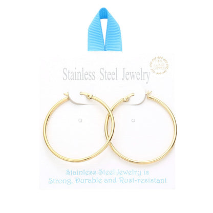 Gold 18K Gold Dipped Stainless Steel 1.5 Inch Metal Hoop Pin Catch Earrings are designed with a secure pin catch for easy and comfortable wear. With a diameter of 1.5 inches, they are the perfect statement piece to add to any outfit. Enjoy the durability and timeless style of these elegant earrings. 