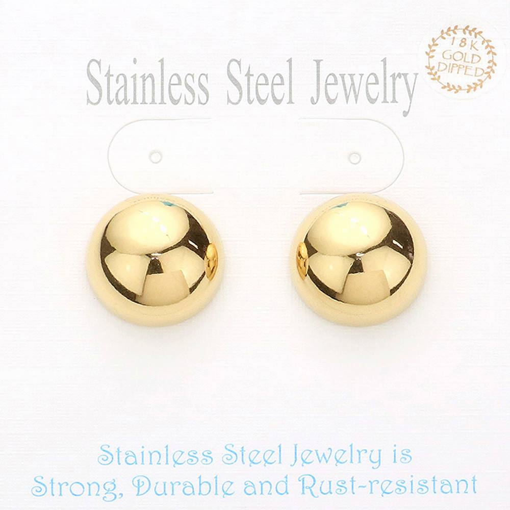 18K Gold Dipped Stainless Steel Metal Dome Stud Earrings - Earrings