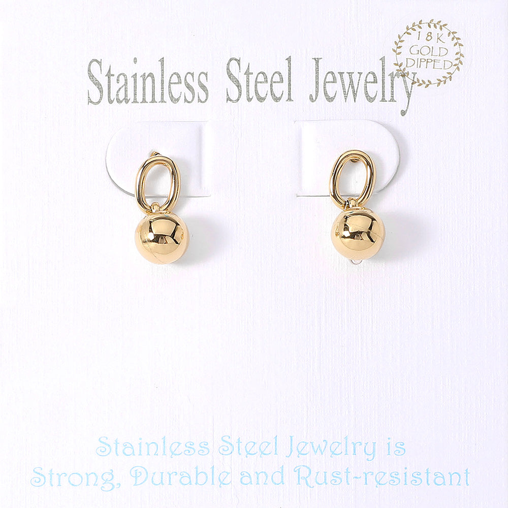 Gold 18K Gold Dipped Stainless Steel Mini Ball Dangle Earrings are expertly crafted to add a touch of elegance to any outfit. Made of high-quality materials, they offer a durable and long-lasting accessory that won't tarnish. The mini ball design gives a stylish and sophisticated look, perfect for any occasion.