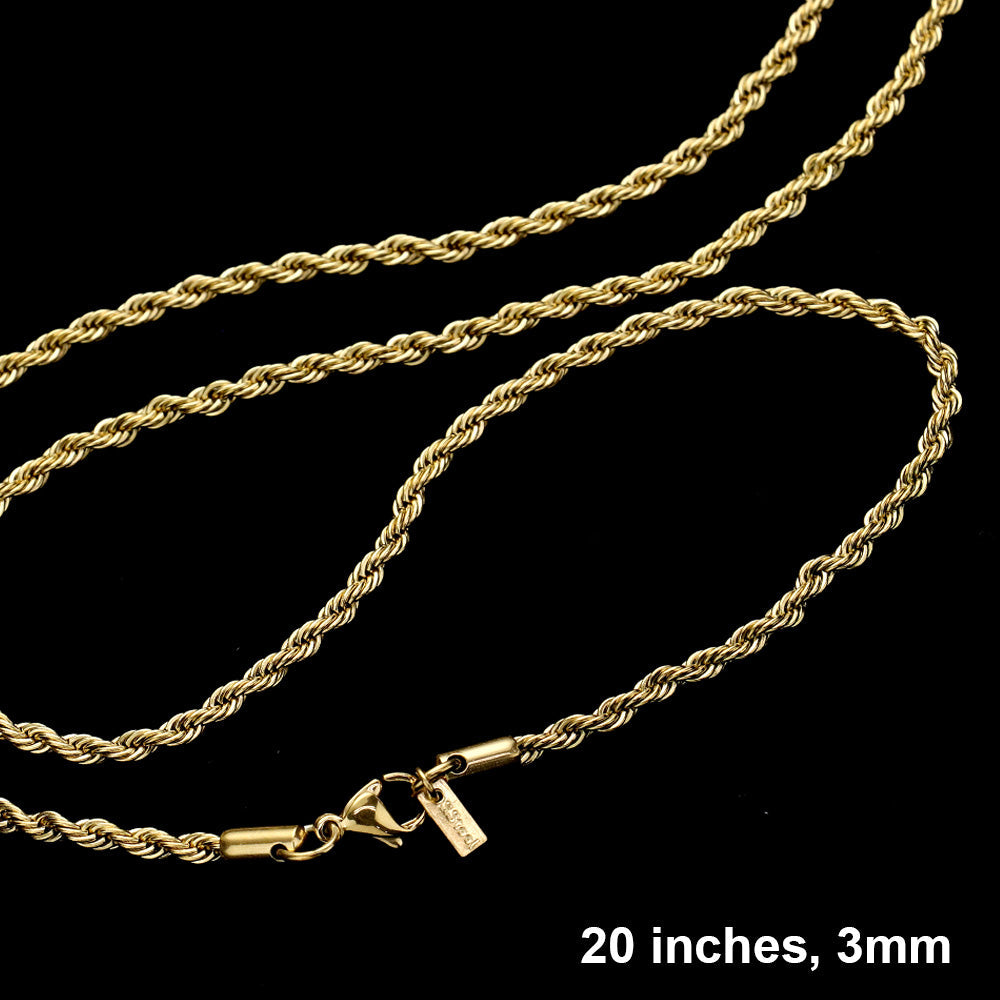 Gold 20 INCH, 3mm Stainless Steel Rope Chain Necklace is a classic and versatile piece for any wardrobe. Made from high-quality stainless steel, it offers durability and a luxurious shine. With its 20-inch length and 3mm thickness, it is the perfect accessory for both casual and formal occasions.