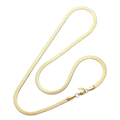 Gold 18-inch, 5mm stainless steel herringbone chain necklace combines durability and style. Expertly crafted for a classic and sleek look, it is a versatile accessory for any outfit. The strong and high-quality stainless steel material ensures long-lasting wear, making it a perfect choice for everyday wear.