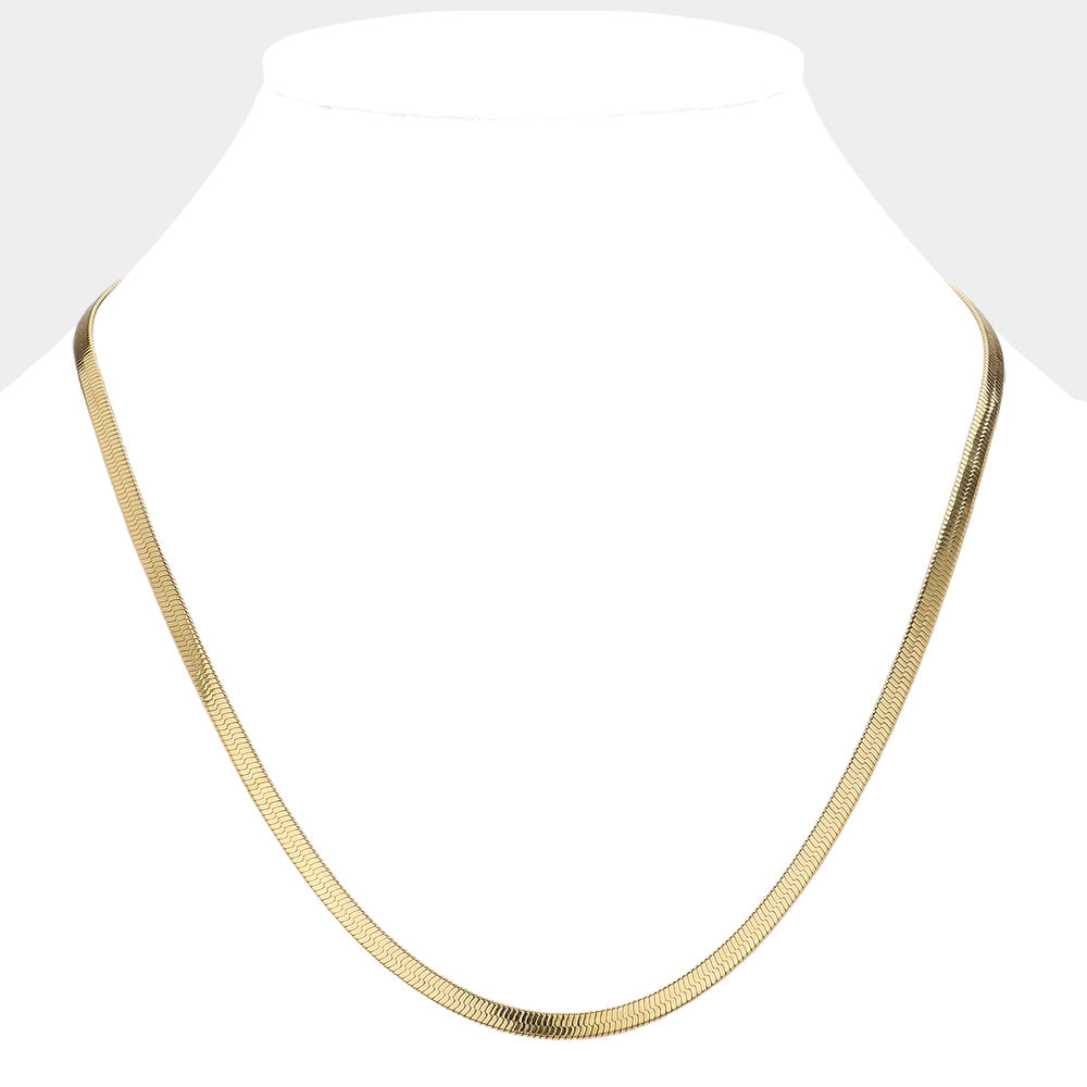 Gold 18-inch, 5mm stainless steel herringbone chain necklace combines durability and style. Expertly crafted for a classic and sleek look, it is a versatile accessory for any outfit. The strong and high-quality stainless steel material ensures long-lasting wear, making it a perfect choice for everyday wear.