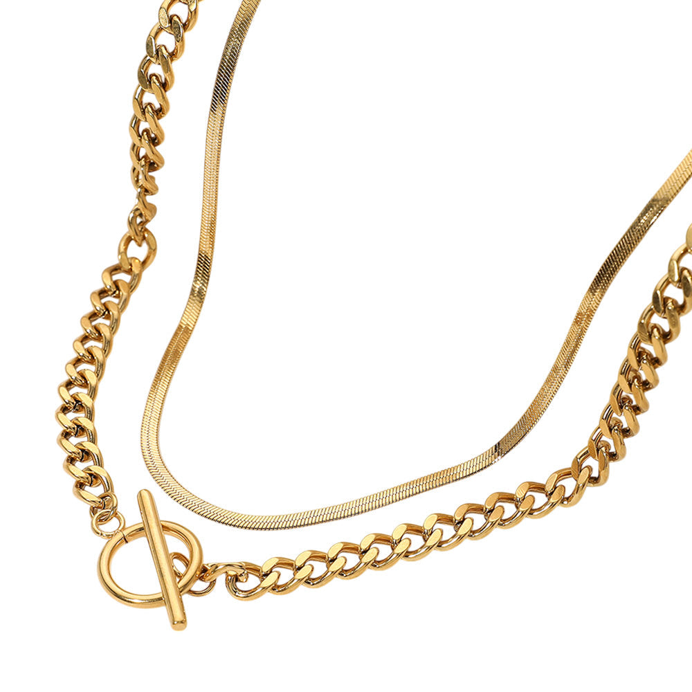 Gold 2PCS Metal Snake Chain Chunky Toggle Necklaces add a touch of edgy sophistication to any outfit. Made with durable metal, the toggle closure offers a secure fit. Achieve a bold and modern look with these versatile statement pieces. 