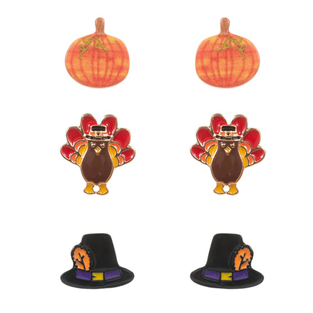 Gold-3Pairs - Enamel Thanksgiving Turkey Pumpkin Hat Stud Earring Set, Featuring a unique combination of a turkey, pumpkin, and hat design, these stud earrings are a fun and stylish way to celebrate the holiday. Made with high-quality materials, these earrings are durable and perfect for daily wear. Show off your Thanksgiving spirit with this charming set!