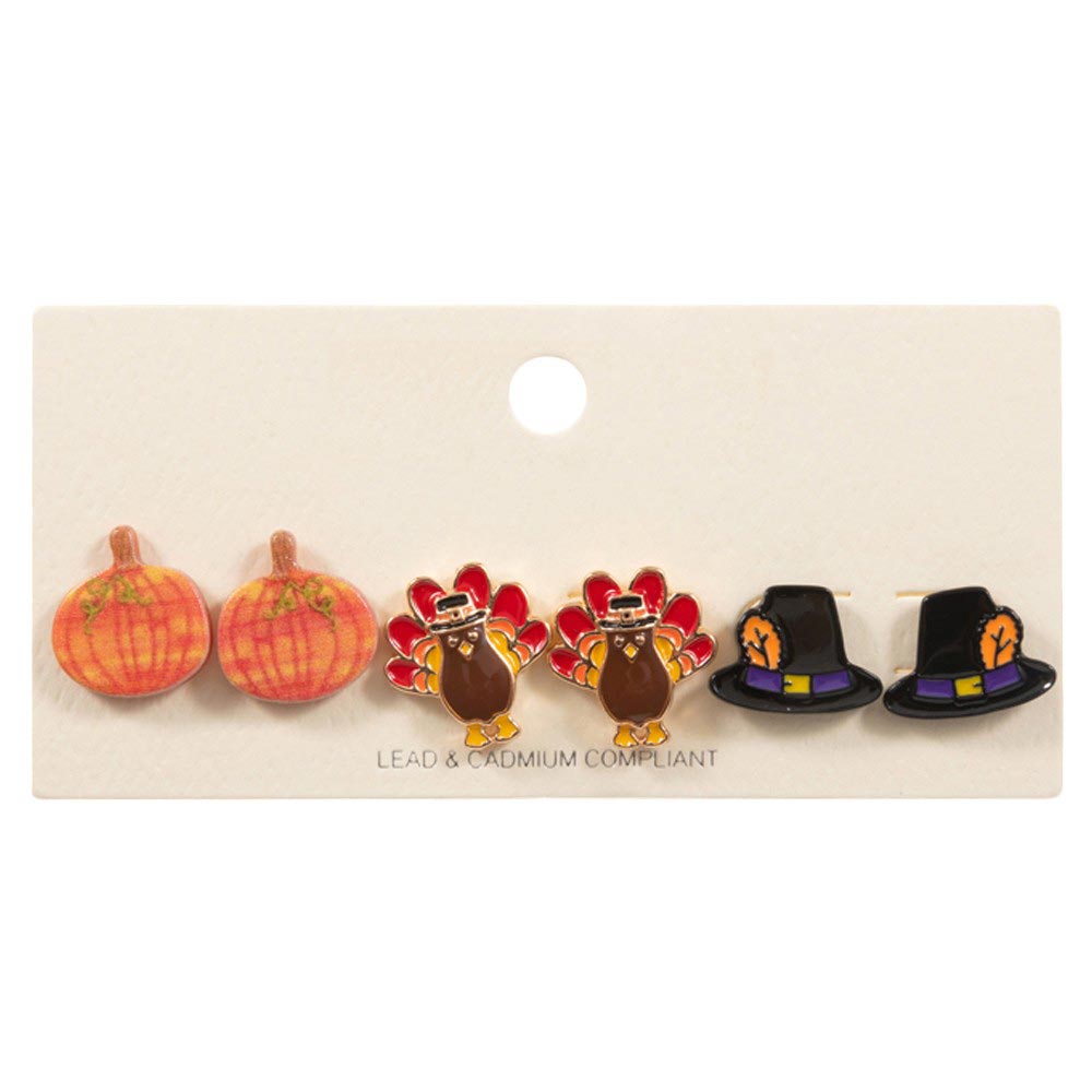 Gold-3Pairs - Enamel Thanksgiving Turkey Pumpkin Hat Stud Earring Set, Featuring a unique combination of a turkey, pumpkin, and hat design, these stud earrings are a fun and stylish way to celebrate the holiday. Made with high-quality materials, these earrings are durable and perfect for daily wear. Show off your Thanksgiving spirit with this charming set!