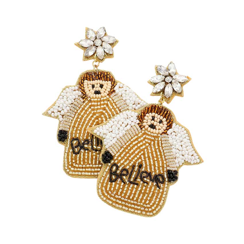 Gold Believe Message Felt Back Beaded Angel Dangle Earrings, enjoy this Christmas with an awesome look with these Earrings. They will dangle on your earlobes to bring a unique and beautiful look & bring a smile to those who look at you at the Christmas party. Perfect Gift for Birthdays, Christmas, Secret Santa, BFF, etc.