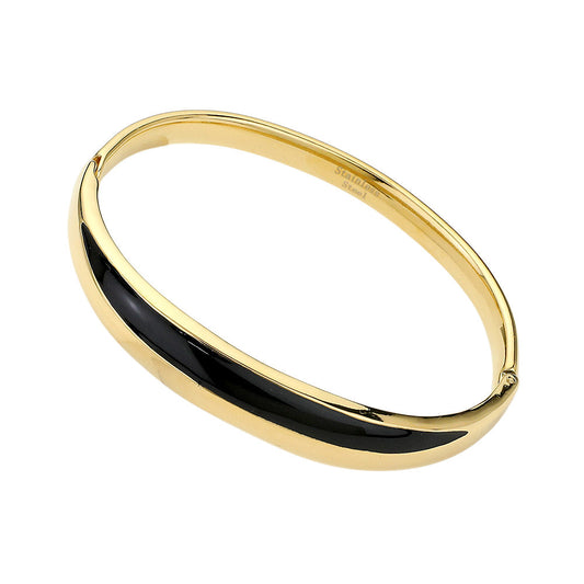 Gold Black Stainless steel enamel hinged bangle bracelet is a sleek and durable addition to any jewelry collection. Made from high-quality stainless steel, it offers long-lasting wear and a touch of elegance to any outfit. The hinged design allows for easy wear and removal, making it a convenient and stylish choice for daily wear.