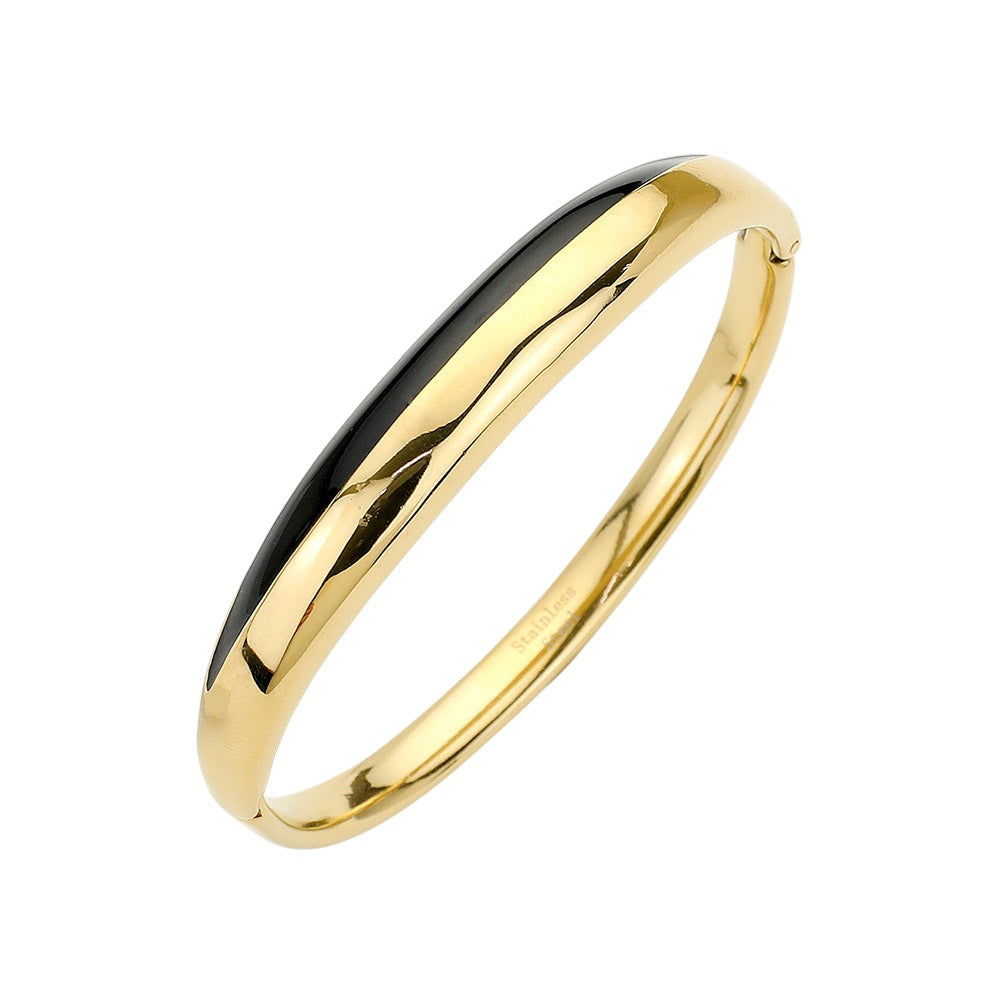 Gold Black Stainless steel enamel hinged bangle bracelet is a sleek and durable addition to any jewelry collection. Made from high-quality stainless steel, it offers long-lasting wear and a touch of elegance to any outfit. The hinged design allows for easy wear and removal, making it a convenient and stylish choice for daily wear.