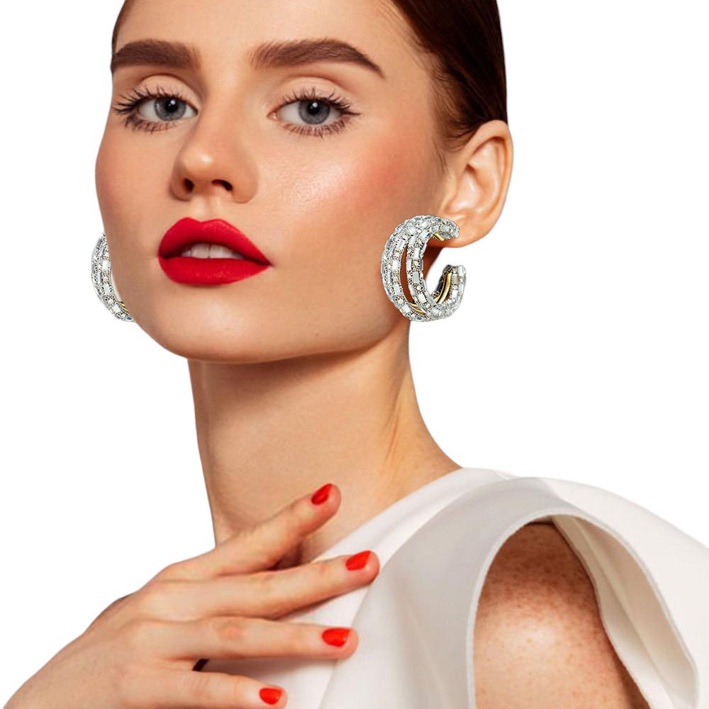 Bling Rectangle Stone Split Hoop Earrings - Gold - Earrings