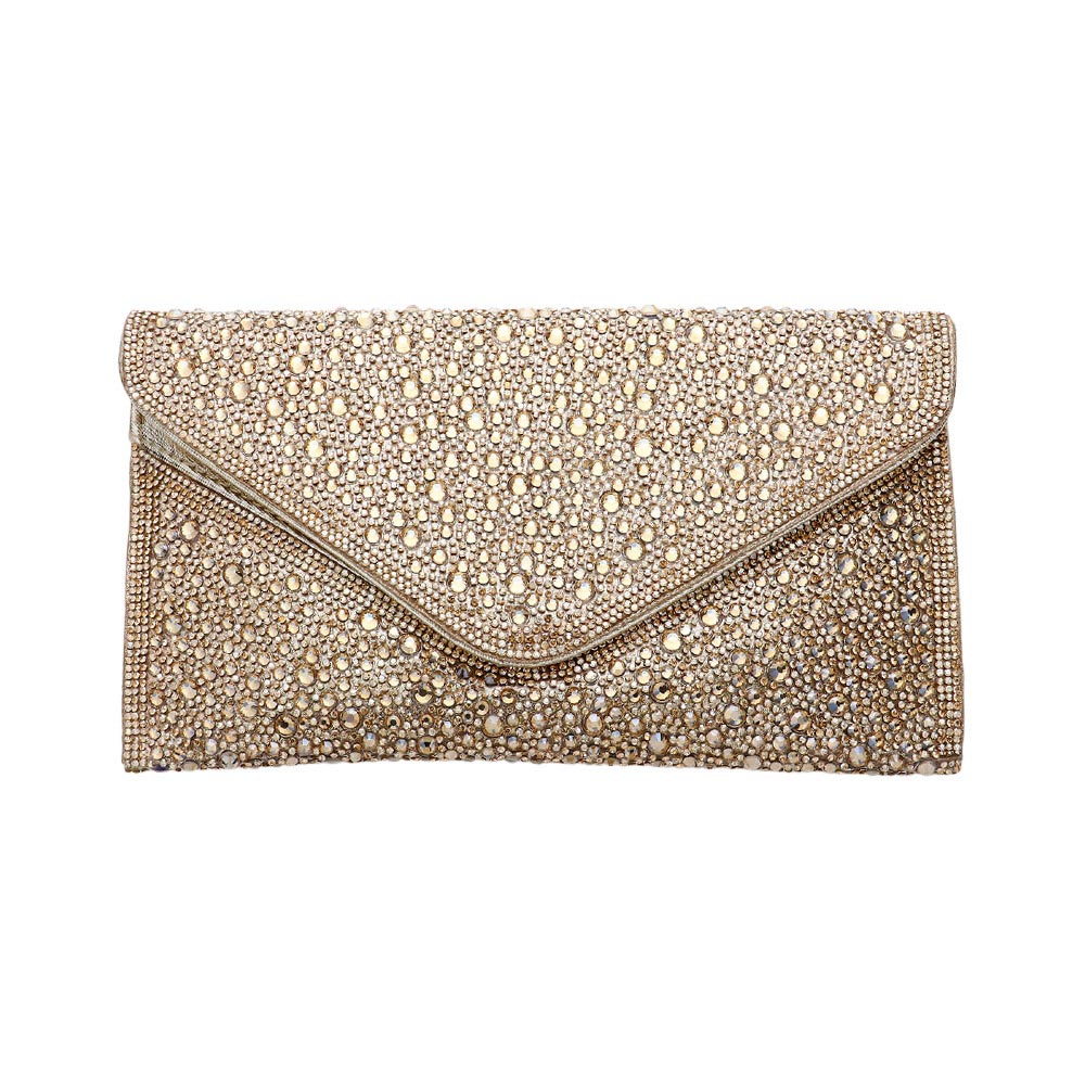 Gold Bling Stone Studded Clutch Bag doubles as a crossbody bag as well, making it a versatile and stylish choice for any evening occasion. The bling stones add a touch of glamour, while the flap envelope design keeps your belongings secure. Perfect for a night out, this bag will elevate any outfit.