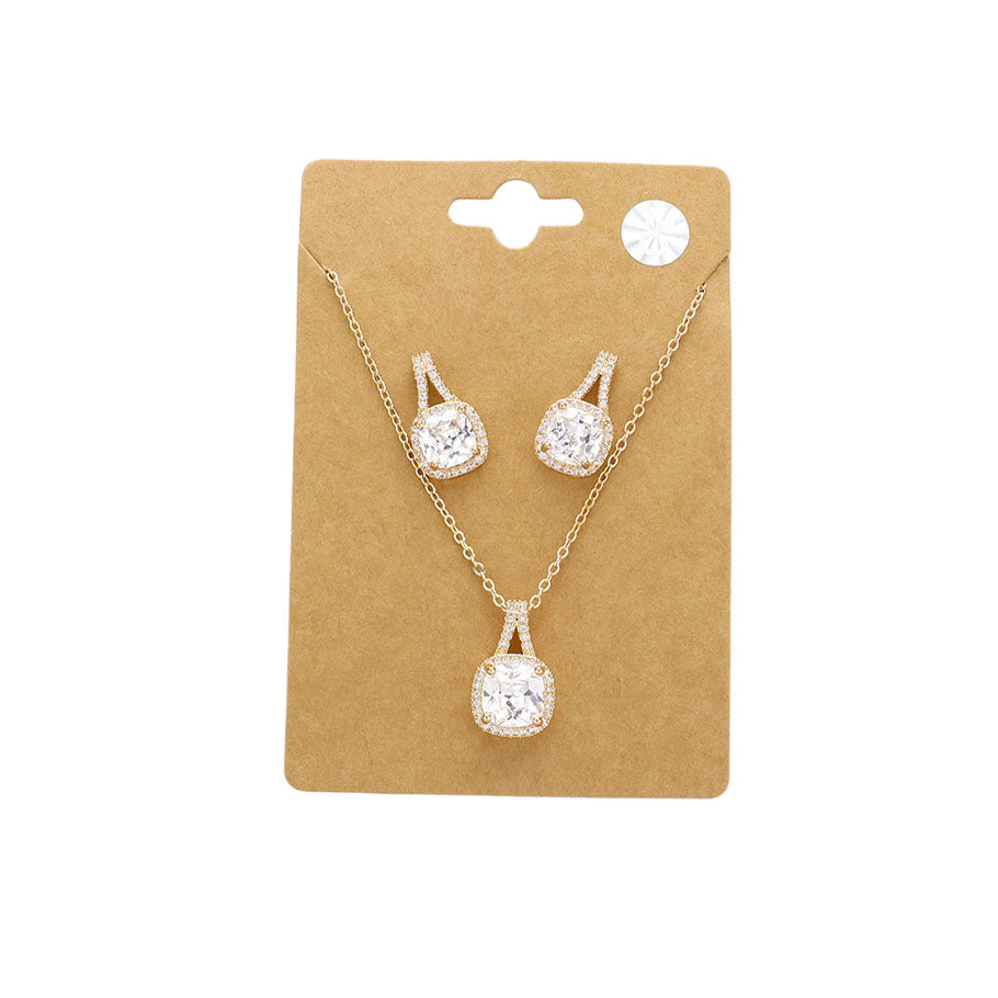 Gold CZ Cushion Square Stone Jewelry Set, add a touch of sophistication to any outfit with this beautiful set. Perfect for enhancing any occasion, this jewelry set will add classic charm and elegance to your look. Gift for birthdays, anniversaries, Mother's Day, Thank you, or any other meaningful occasion.