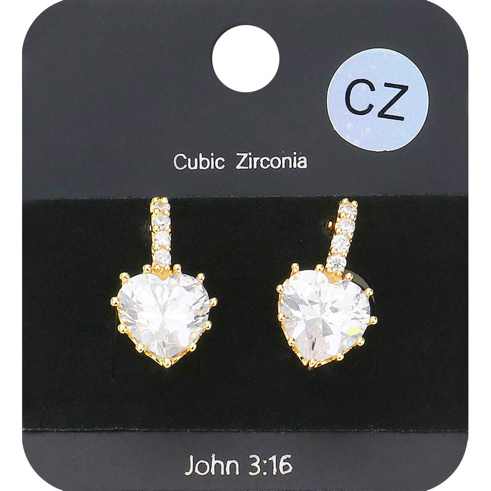Gold CZ Heart Evening Huggie Earrings. Made with stunning CZ stones, these elegant earrings are perfect for any evening occasion. The huggie design ensures a secure and comfortable fit, while the heart shape adds a touch of romance. Upgrade your jewelry collection with these must-have earrings.