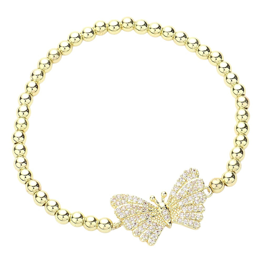 Gold CZ Stone Paved Butterfly Stainless Steel Ball Stretch Bracelet is a beautiful and elegant piece of jewelry that features sparkling CZ stones and a stylish butterfly charm. Made from high-quality stainless steel, it is durable and resistant to tarnishing. Add a touch of sophistication to any outfit with this stunning bracelet.