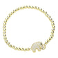 Gold CZ stone paved elephant stainless steel ball stretch bracelet combines style and durability. Crafted with high-quality stainless steel, this bracelet features intricate CZ stone detailing and a stretch design for a comfortable and secure fit. Elevate any outfit with this unique and eye-catching piece.