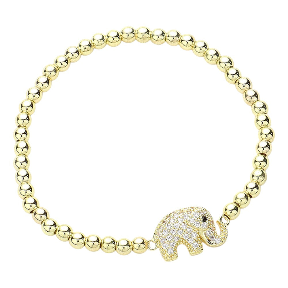CZ Stone Paved Elephant Stainless Steel Ball Stretch Bracelet
