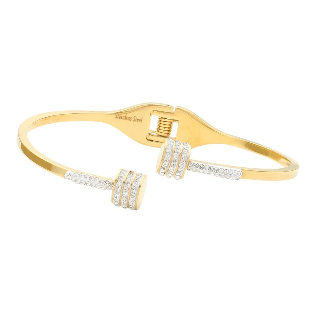 Gold CZ Stone Paved Tip Stainless Steel Hinged Bracelet is a durable and stylish accessory. With its sparkling CZ stones and sturdy stainless steel construction, it adds a touch of elegance to any outfit. The hinged design allows for easy on and off, making it a convenient choice for everyday wear. 