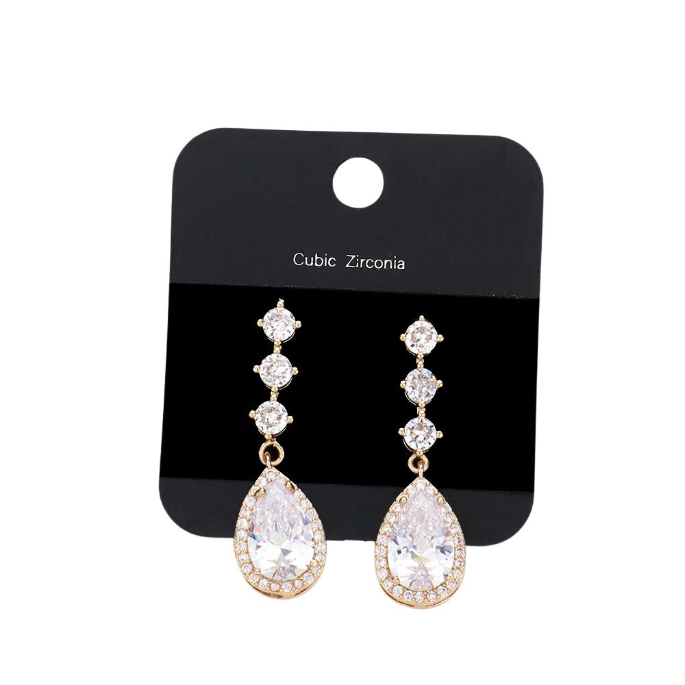 Gold CZ Triple Round Teardrop Link Dangle Evening Earrings, enhance your attire with these vibrant beautiful evening earrings to dress up or down your look on special occasions. These beautifully unique designed earrings with beautiful colors are suitable as gifts for wives, holidays, special occasions, anniversaries, etc.