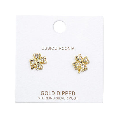 Gold Cubic Zirconia Clover Stud Earrings, Upgrade your jewelry collection. These expertly crafted earrings feature high-quality cubic zirconia stones, giving them a stunning sparkle. The clover shape adds a touch of elegance to any outfit, making them the perfect accessory for both formal and casual occasions.