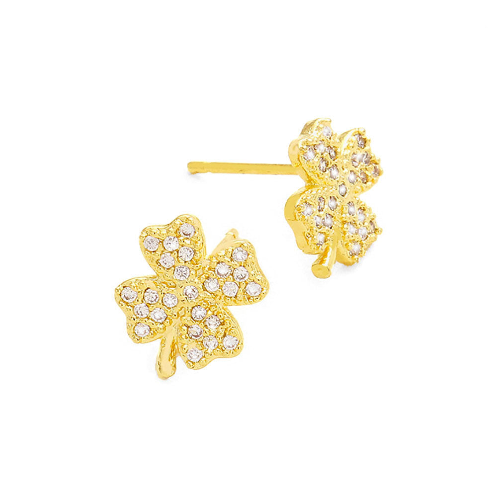 Gold Cubic Zirconia Clover Stud Earrings, Upgrade your jewelry collection. These expertly crafted earrings feature high-quality cubic zirconia stones, giving them a stunning sparkle. The clover shape adds a touch of elegance to any outfit, making them the perfect accessory for both formal and casual occasions.