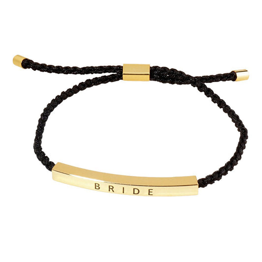 Gold-Dipped BRIDE Message Bar Pointed Rope Adjustable Cinch Pull Tie Bracelet is perfect for the bride-to-be. Its adjustable cinch pull tie design allows for a customizable fit. With a delicate and sleek design, this bracelet will add just the right touch of elegance to any bridal ensemble. 