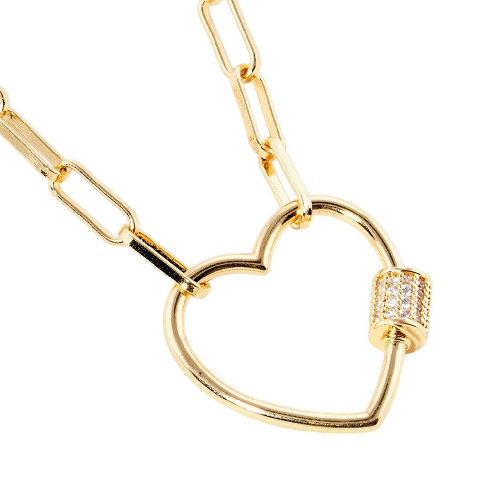 Gold Dipped CZ Stone Paved Open Heart Carabiner Pendant Paperclip Chain Necklace features a gold-dipped, CZ-stone-paved open heart carabiner pendant on a paperclip chain. The unique design combines modern and classic elements for a versatile accessory. The quality materials and craftsmanship make it a perfect gift for someone special or a stylish addition to your own collection.