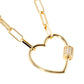 Gold Dipped CZ Stone Paved Open Heart Carabiner Pendant Paperclip Chain Necklace features a gold-dipped, CZ-stone-paved open heart carabiner pendant on a paperclip chain. The unique design combines modern and classic elements for a versatile accessory. The quality materials and craftsmanship make it a perfect gift for someone special or a stylish addition to your own collection.