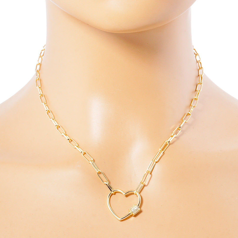 Gold Dipped CZ Stone Paved Open Heart Carabiner Pendant Paperclip Chain Necklace features a gold-dipped, CZ-stone-paved open heart carabiner pendant on a paperclip chain. The unique design combines modern and classic elements for a versatile accessory. The quality materials and craftsmanship make it a perfect gift for someone special or a stylish addition to your own collection.