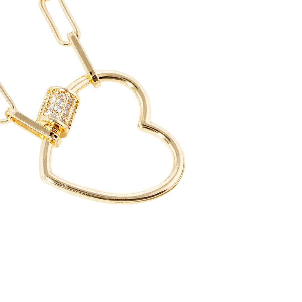 Gold Dipped CZ Stone Paved Open Heart Carabiner Pendant Paperclip Chain Necklace features a gold-dipped, CZ-stone-paved open heart carabiner pendant on a paperclip chain. The unique design combines modern and classic elements for a versatile accessory. The quality materials and craftsmanship make it a perfect gift for someone special or a stylish addition to your own collection.