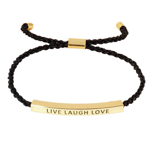 Gold-Dipped LIVE LAUGH LOVE Message Bar Pointed Rope Adjustable Cinch Pull Tie Bracelet, adjustable design allows for a perfect fit while the message of positivity adds a touch of motivation to any outfit. Made from quality materials, this bracelet is a stylish reminder to live, laugh, and love.