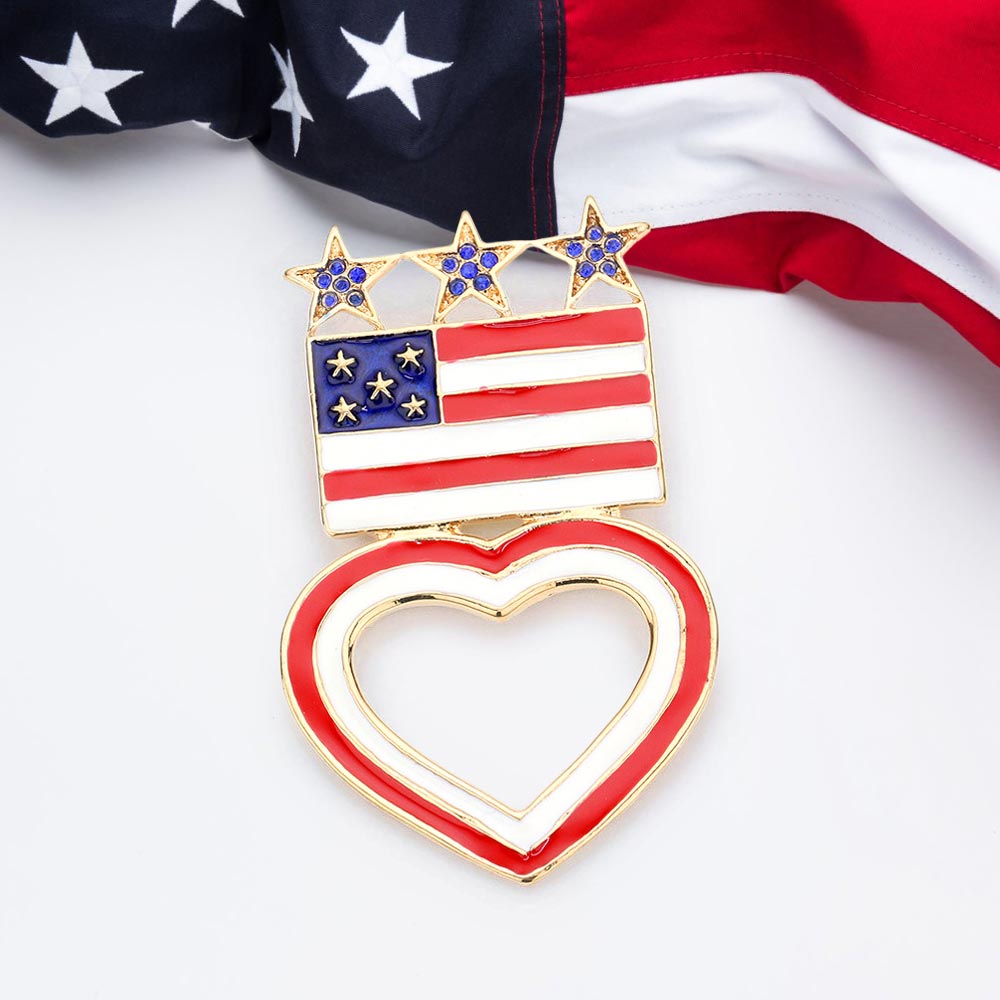 Enamel American USA Flag Open Heart Pin Brooch - Gold - Pin Brooch