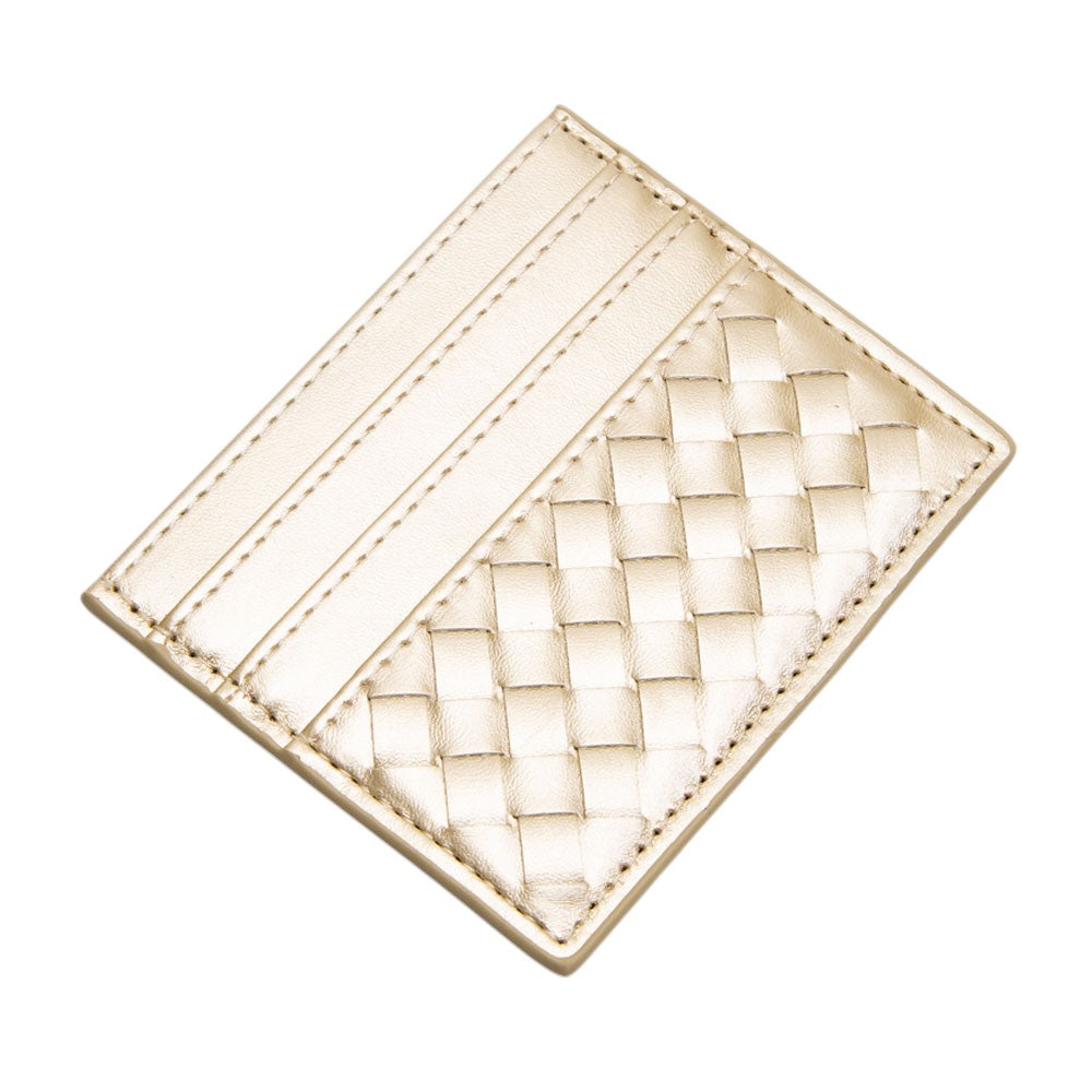 Gold Faux Leather Basket Weave Card Holder Wallet boasts a stylish basket weave design. Made from durable materials, it can securely hold multiple cards and cash while keeping a slim profile. Perfect for those looking for a sophisticated and functional accessory.