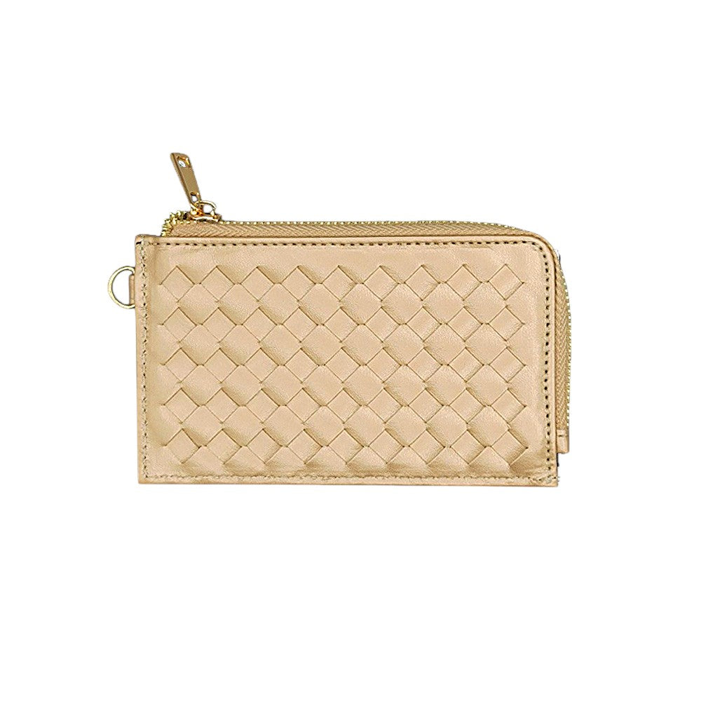 Faux Leather Basket Weave Flat Card Holder Wallet with Wristlet - Gold - Wallets