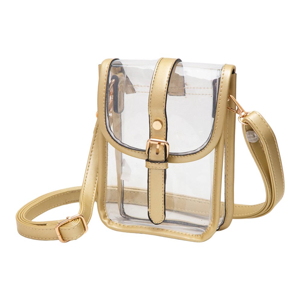 Gold-Faux Leather Belt Buckle Pointed Transparent Crossbody Bag , Expertly crafted from faux leather, this crossbody bag features a unique pointed design and transparent material, making it a modern and fashionable accessory. The belt buckle adds a touch of edginess, while the spacious interior allows for convenient storage