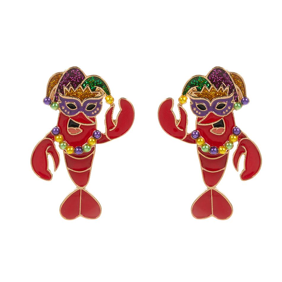 Gold Glittered Enamel Mardi Gras Crawfish Earrings are a must-have for any festive celebration. Adorned with vibrant colors and sparkling glitter accents, these earrings add a playful touch to any outfit. The perfect accessory for Mardi Gras or any Louisiana-inspired event.