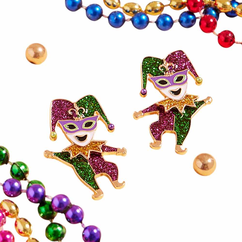 Gold-Glittered Enamel Mardi Gras Jester Earrings combine festive flair with elegant design. The vibrant glitters and intricate enamel work make these earrings perfect for any Mardi Gras celebration. Show off your playful spirit and add a touch of sparkle to your outfit with these expertly crafted earrings. 