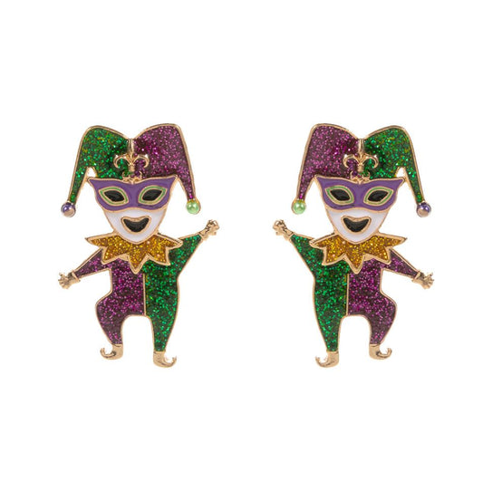 Gold-Glittered Enamel Mardi Gras Jester Earrings combine festive flair with elegant design. The vibrant glitters and intricate enamel work make these earrings perfect for any Mardi Gras celebration. Show off your playful spirit and add a touch of sparkle to your outfit with these expertly crafted earrings. 