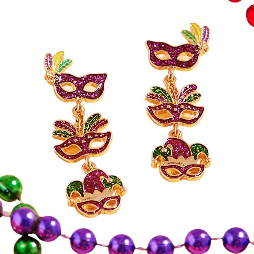 Gold-Glittered Enamel Mardi Gras Mask Link Dropdown Dangle Earrings add a festive touch to any outfit. With intricate detailing and sparkling glitter, these earrings are perfect for Mardi Gras celebrations or any occasion that calls for a touch of glamour. Made of durable enamel, these earrings are sure to last.