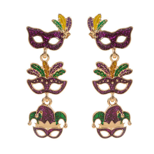 Gold-Glittered Enamel Mardi Gras Mask Link Dropdown Dangle Earrings add a festive touch to any outfit. With intricate detailing and sparkling glitter, these earrings are perfect for Mardi Gras celebrations or any occasion that calls for a touch of glamour. Made of durable enamel, these earrings are sure to last.