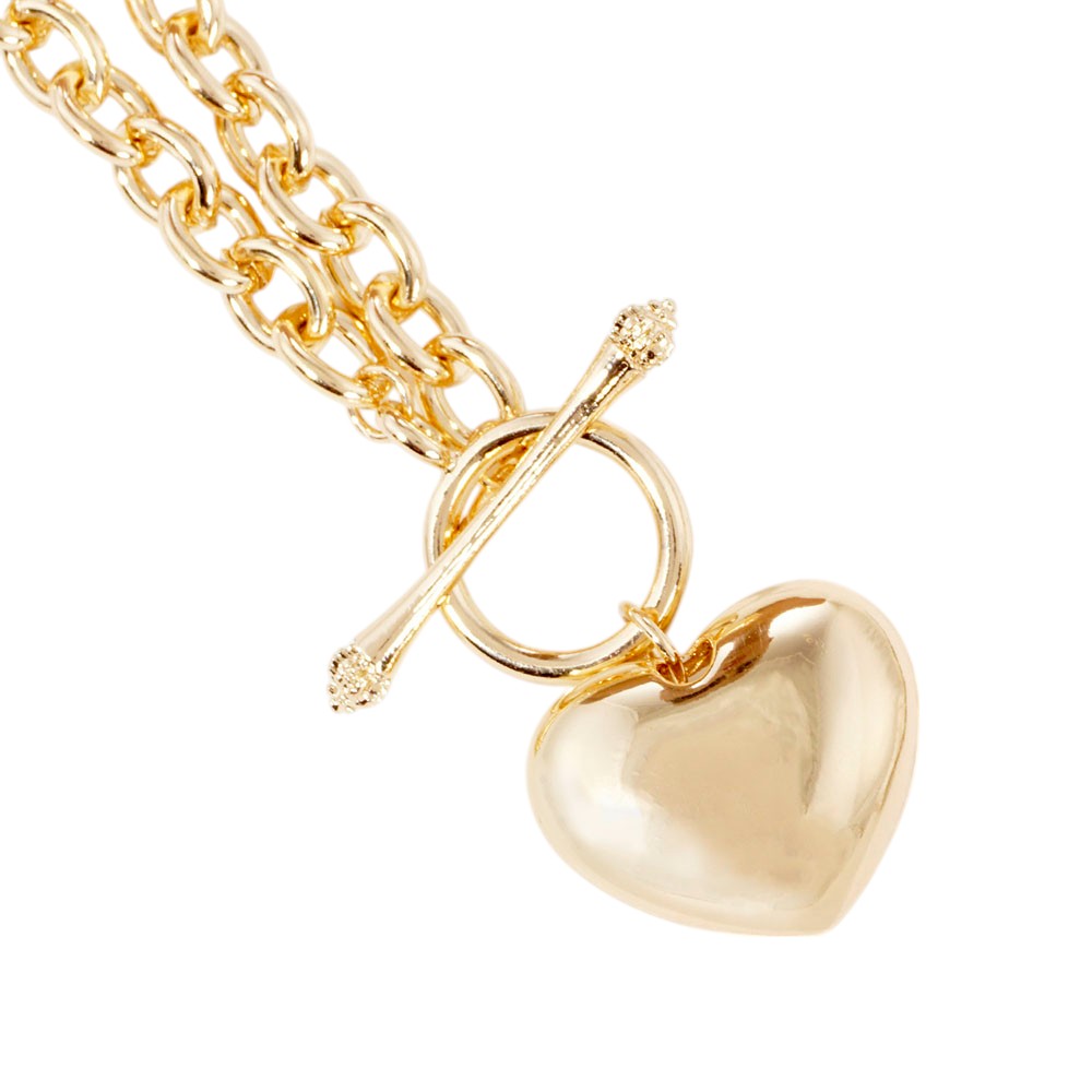 Gold Dipped Brass Metal Heart Pendant Toggle Necklace - Gold - Necklace