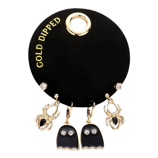 Gold Dipped Enamel Ghost Spider Stone Stud 3 Pairs Earring Set