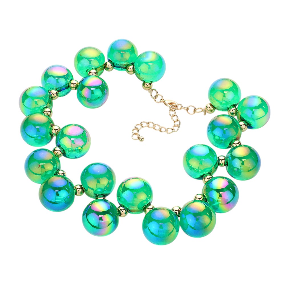 Gold Grren chunky iridescent ball beaded necklace elevates any outfit with its unique and eye-catching design. The perfectly placed beads create a glamorous and statement-making accessory. Crafted with quality materials, this necklace is a must-have for any fashion enthusiast. 