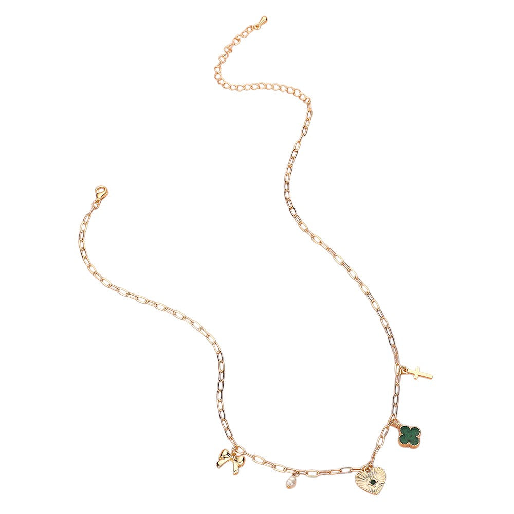 Gold Green Heart Bow Pearl Quatrefoil Cross Charm Station Paperclip Chain Necklace is a timeless addition to any jewelry collection. The delicate details of the heart-shaped charm and pearl quatrefoil cross add a touch of sophistication to any outfit. The sturdy paperclip chain ensures durability and easy wear. Perfect for any occasion, it's a must-have for every fashion-forward individual.