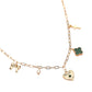 Gold Green Heart Bow Pearl Quatrefoil Cross Charm Station Paperclip Chain Necklace is a timeless addition to any jewelry collection. The delicate details of the heart-shaped charm and pearl quatrefoil cross add a touch of sophistication to any outfit. The sturdy paperclip chain ensures durability and easy wear. Perfect for any occasion, it's a must-have for every fashion-forward individual.