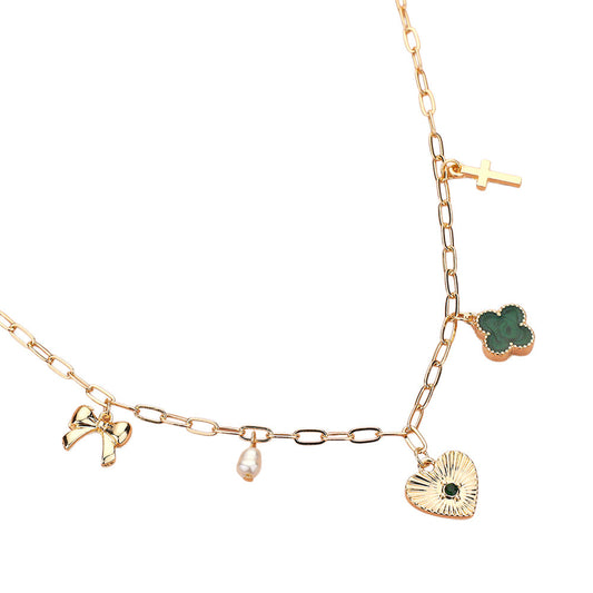 Gold Green Heart Bow Pearl Quatrefoil Cross Charm Station Paperclip Chain Necklace is a timeless addition to any jewelry collection. The delicate details of the heart-shaped charm and pearl quatrefoil cross add a touch of sophistication to any outfit. The sturdy paperclip chain ensures durability and easy wear. Perfect for any occasion, it's a must-have for every fashion-forward individual.
