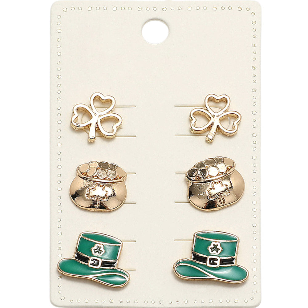 Gold-Green-Metal St Patricks Clover Enamel Leprechaun Stud Earrings add a touch of luck and charm to any outfit. Made with high-quality metal and vibrant enamel, these earrings are durable and eye-catching. Perfect for St. Patrick's Day celebrations or as a gift for someone special.