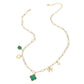 Gold  Green Quatrefoil Bow Heart Pearl Charm Station Paperclip Chain Necklace is expertly crafted with a unique design, combining a delicate paperclip chain with charming quatrefoil, bow, and pearl details. Made with high-quality materials, this necklace is elegant and versatile, perfect for any occasion.