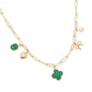 Gold  Green Quatrefoil Bow Heart Pearl Charm Station Paperclip Chain Necklace is expertly crafted with a unique design, combining a delicate paperclip chain with charming quatrefoil, bow, and pearl details. Made with high-quality materials, this necklace is elegant and versatile, perfect for any occasion.